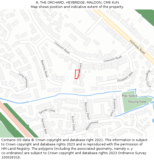 8, THE ORCHARD, HEYBRIDGE, MALDON, CM9 4UN: Location map and indicative extent of plot