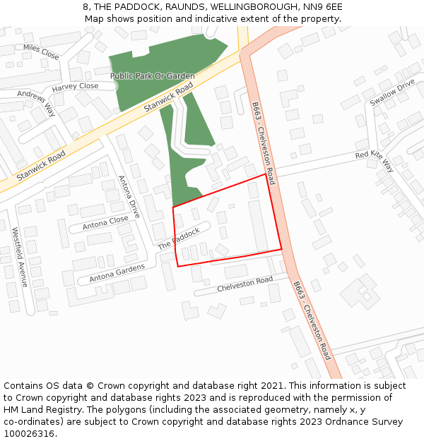 8, THE PADDOCK, RAUNDS, WELLINGBOROUGH, NN9 6EE: Location map and indicative extent of plot