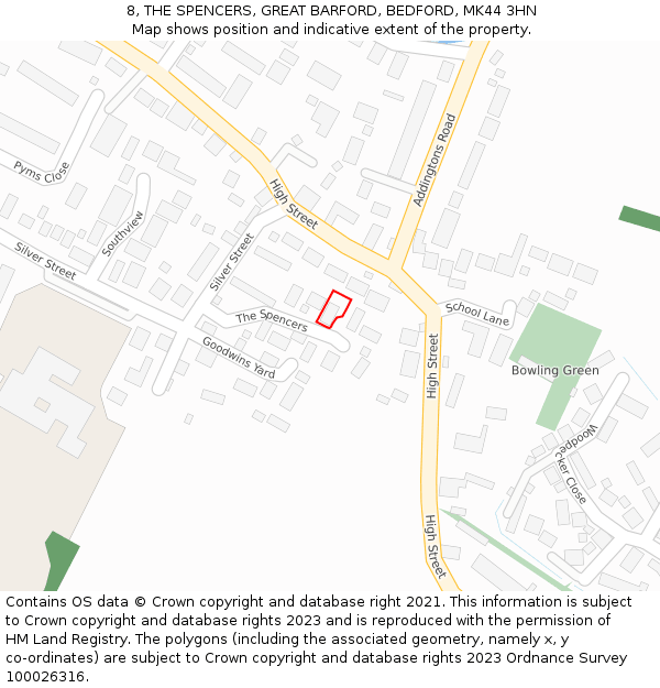 8, THE SPENCERS, GREAT BARFORD, BEDFORD, MK44 3HN: Location map and indicative extent of plot