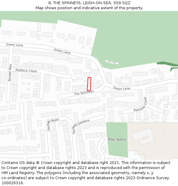 8, THE SPINNEYS, LEIGH-ON-SEA, SS9 5QZ: Location map and indicative extent of plot