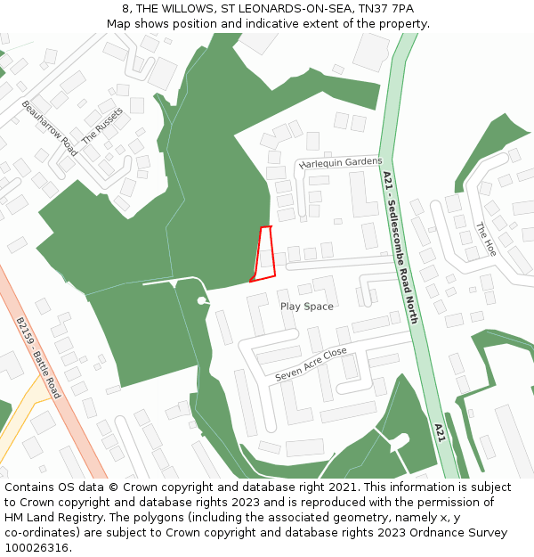 8, THE WILLOWS, ST LEONARDS-ON-SEA, TN37 7PA: Location map and indicative extent of plot