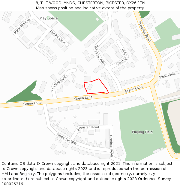 8, THE WOODLANDS, CHESTERTON, BICESTER, OX26 1TN: Location map and indicative extent of plot