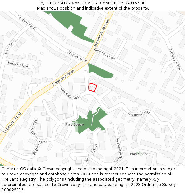 8, THEOBALDS WAY, FRIMLEY, CAMBERLEY, GU16 9RF: Location map and indicative extent of plot