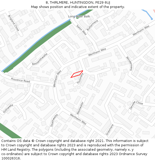 8, THIRLMERE, HUNTINGDON, PE29 6UJ: Location map and indicative extent of plot