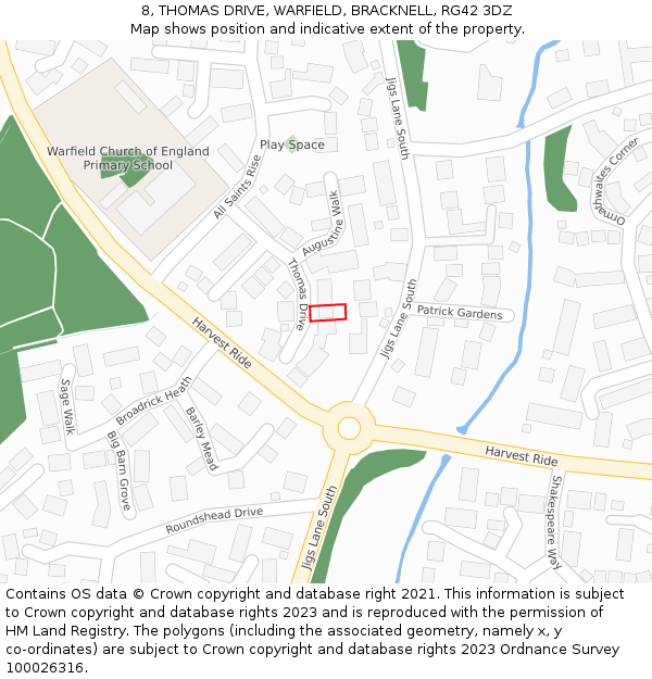 8, THOMAS DRIVE, WARFIELD, BRACKNELL, RG42 3DZ: Location map and indicative extent of plot