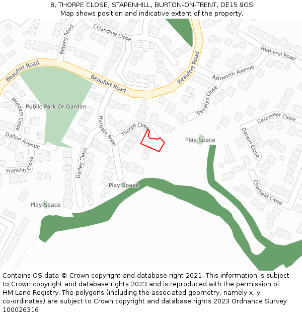 8, THORPE CLOSE, STAPENHILL, BURTON-ON-TRENT, DE15 9GS: Location map and indicative extent of plot