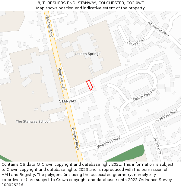 8, THRESHERS END, STANWAY, COLCHESTER, CO3 0WE: Location map and indicative extent of plot