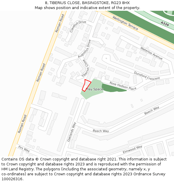 8, TIBERIUS CLOSE, BASINGSTOKE, RG23 8HX: Location map and indicative extent of plot