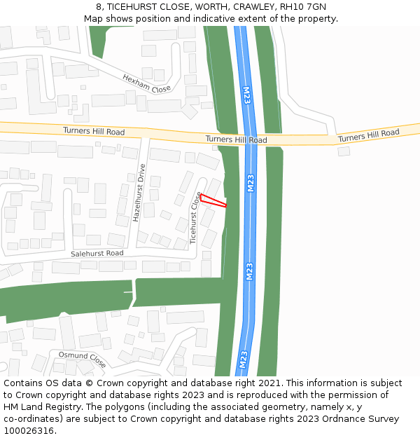 8, TICEHURST CLOSE, WORTH, CRAWLEY, RH10 7GN: Location map and indicative extent of plot