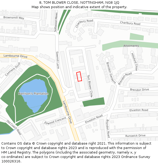 8, TOM BLOWER CLOSE, NOTTINGHAM, NG8 1JQ: Location map and indicative extent of plot