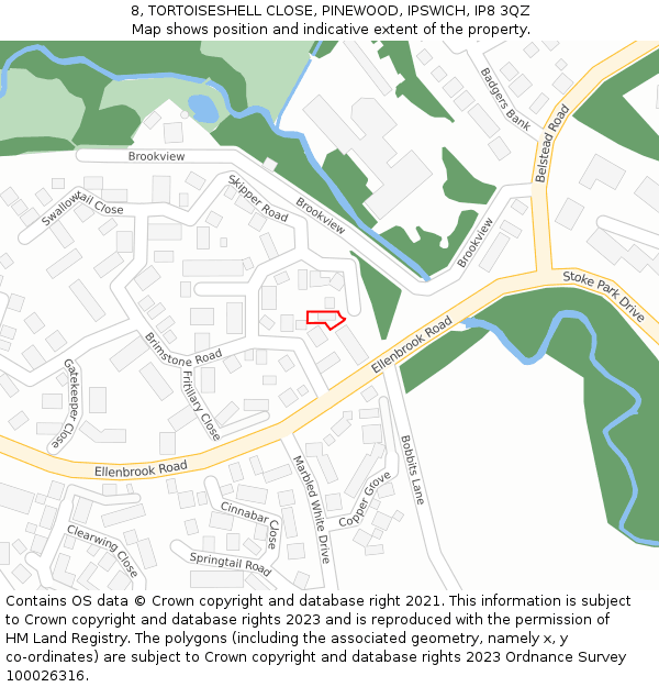 8, TORTOISESHELL CLOSE, PINEWOOD, IPSWICH, IP8 3QZ: Location map and indicative extent of plot