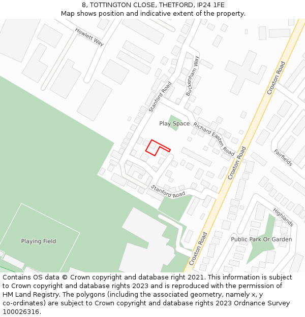 8, TOTTINGTON CLOSE, THETFORD, IP24 1FE: Location map and indicative extent of plot