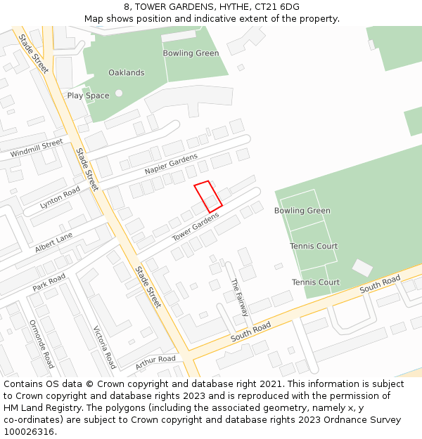 8, TOWER GARDENS, HYTHE, CT21 6DG: Location map and indicative extent of plot