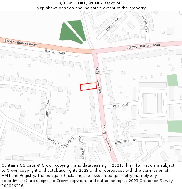 8, TOWER HILL, WITNEY, OX28 5ER: Location map and indicative extent of plot