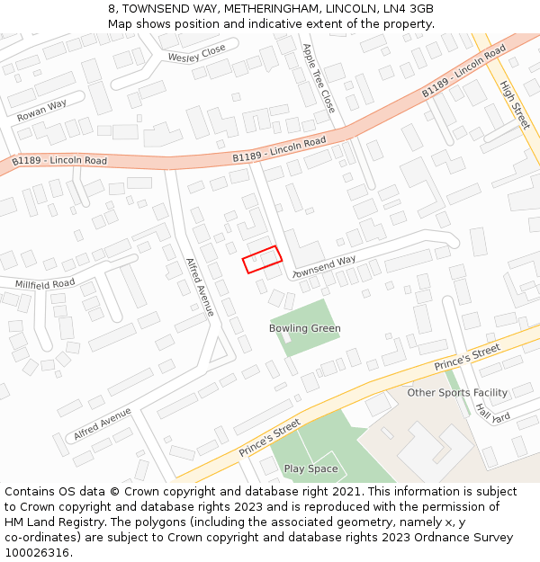 8, TOWNSEND WAY, METHERINGHAM, LINCOLN, LN4 3GB: Location map and indicative extent of plot