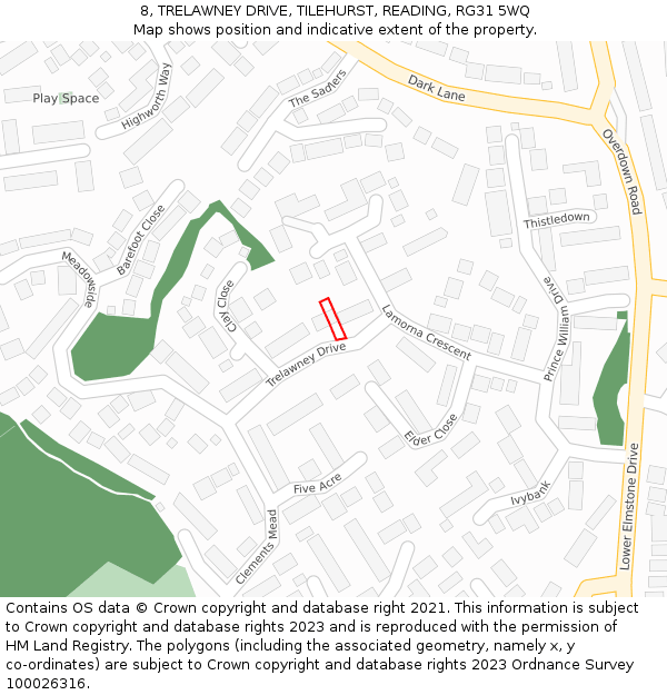 8, TRELAWNEY DRIVE, TILEHURST, READING, RG31 5WQ: Location map and indicative extent of plot
