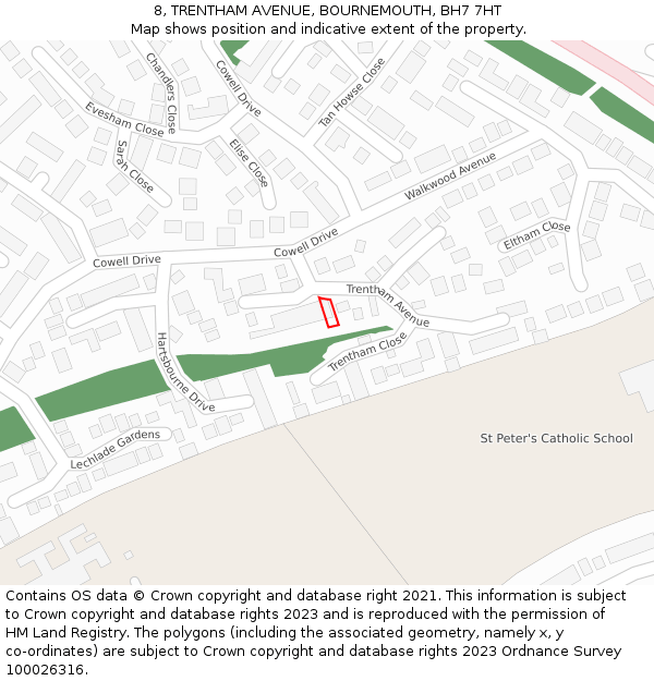 8, TRENTHAM AVENUE, BOURNEMOUTH, BH7 7HT: Location map and indicative extent of plot