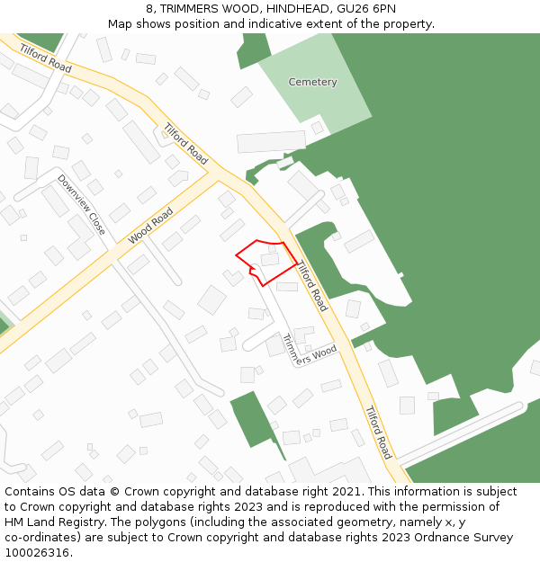 8, TRIMMERS WOOD, HINDHEAD, GU26 6PN: Location map and indicative extent of plot