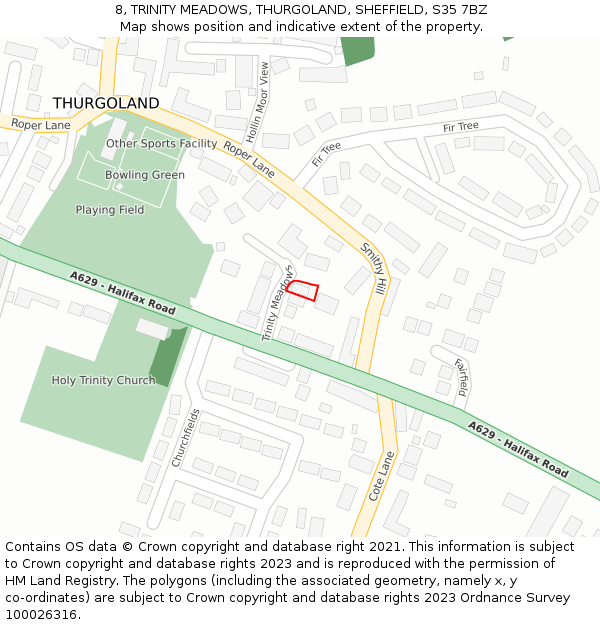 8, TRINITY MEADOWS, THURGOLAND, SHEFFIELD, S35 7BZ: Location map and indicative extent of plot