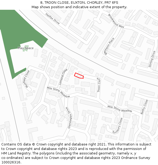 8, TROON CLOSE, EUXTON, CHORLEY, PR7 6FS: Location map and indicative extent of plot