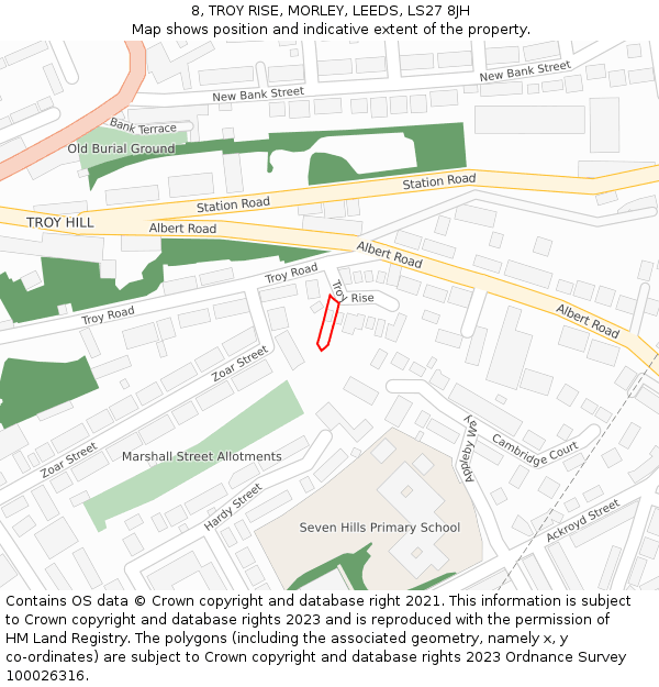 8, TROY RISE, MORLEY, LEEDS, LS27 8JH: Location map and indicative extent of plot