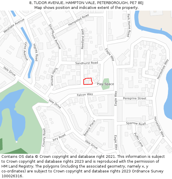 8, TUDOR AVENUE, HAMPTON VALE, PETERBOROUGH, PE7 8EJ: Location map and indicative extent of plot