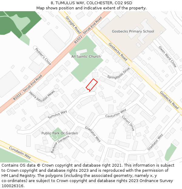 8, TUMULUS WAY, COLCHESTER, CO2 9SD: Location map and indicative extent of plot