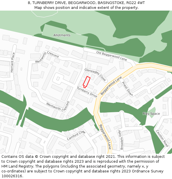 8, TURNBERRY DRIVE, BEGGARWOOD, BASINGSTOKE, RG22 4WT: Location map and indicative extent of plot