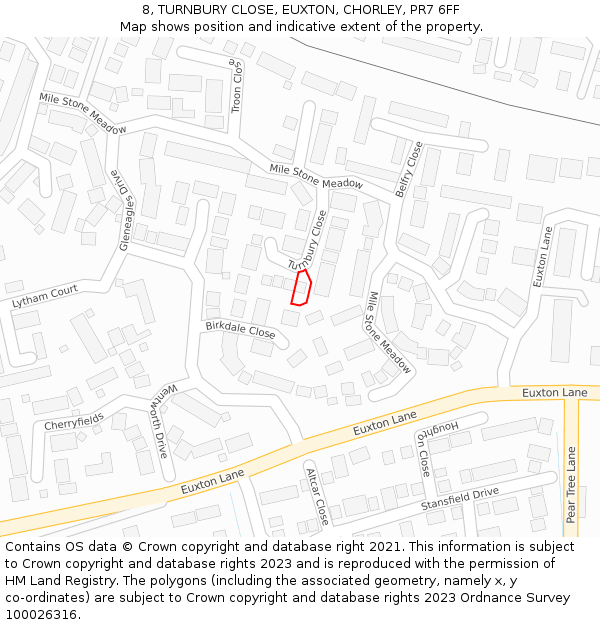 8, TURNBURY CLOSE, EUXTON, CHORLEY, PR7 6FF: Location map and indicative extent of plot