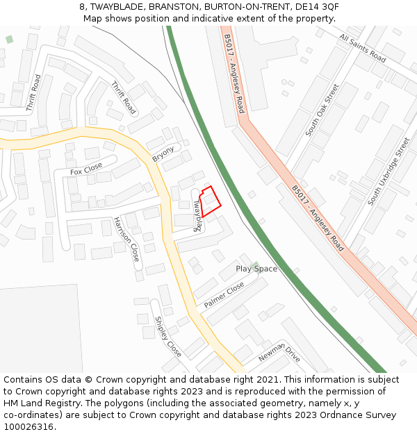 8, TWAYBLADE, BRANSTON, BURTON-ON-TRENT, DE14 3QF: Location map and indicative extent of plot