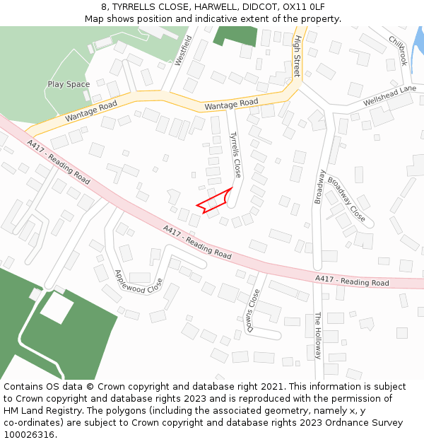 8, TYRRELLS CLOSE, HARWELL, DIDCOT, OX11 0LF: Location map and indicative extent of plot