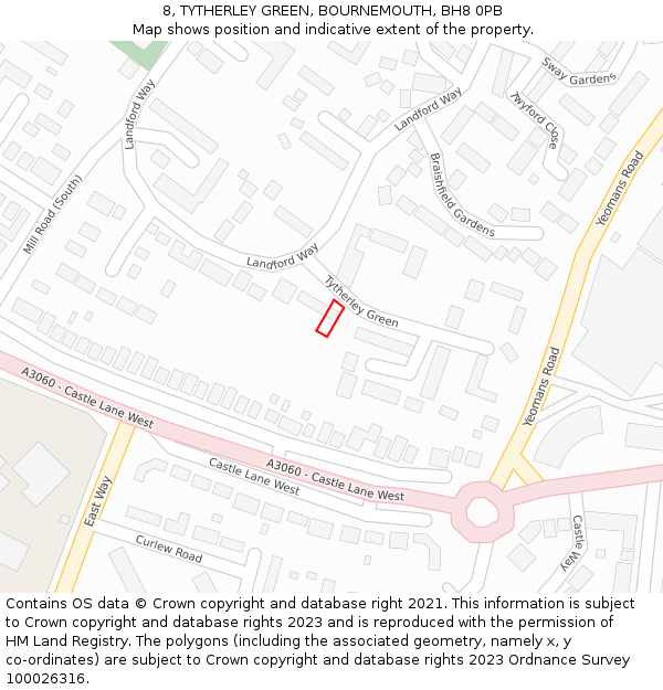 8, TYTHERLEY GREEN, BOURNEMOUTH, BH8 0PB: Location map and indicative extent of plot