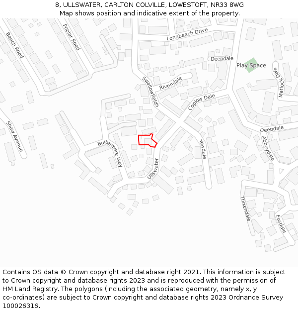 8, ULLSWATER, CARLTON COLVILLE, LOWESTOFT, NR33 8WG: Location map and indicative extent of plot