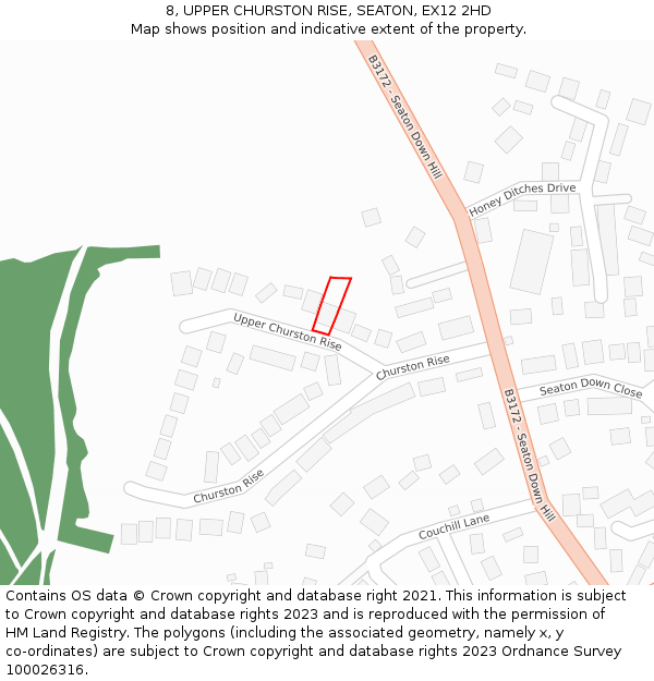 8, UPPER CHURSTON RISE, SEATON, EX12 2HD: Location map and indicative extent of plot