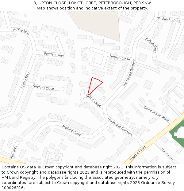 8, UPTON CLOSE, LONGTHORPE, PETERBOROUGH, PE3 9NW: Location map and indicative extent of plot