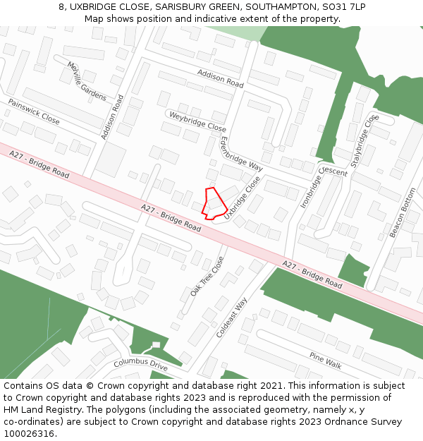 8, UXBRIDGE CLOSE, SARISBURY GREEN, SOUTHAMPTON, SO31 7LP: Location map and indicative extent of plot