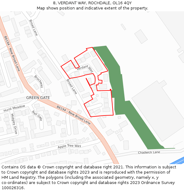 8, VERDANT WAY, ROCHDALE, OL16 4QY: Location map and indicative extent of plot