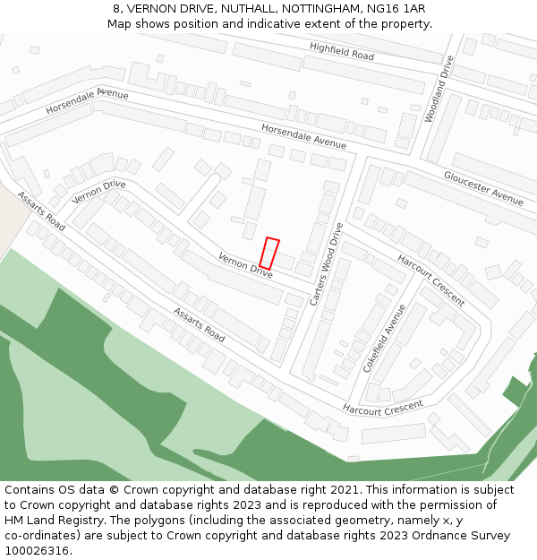 8, VERNON DRIVE, NUTHALL, NOTTINGHAM, NG16 1AR: Location map and indicative extent of plot