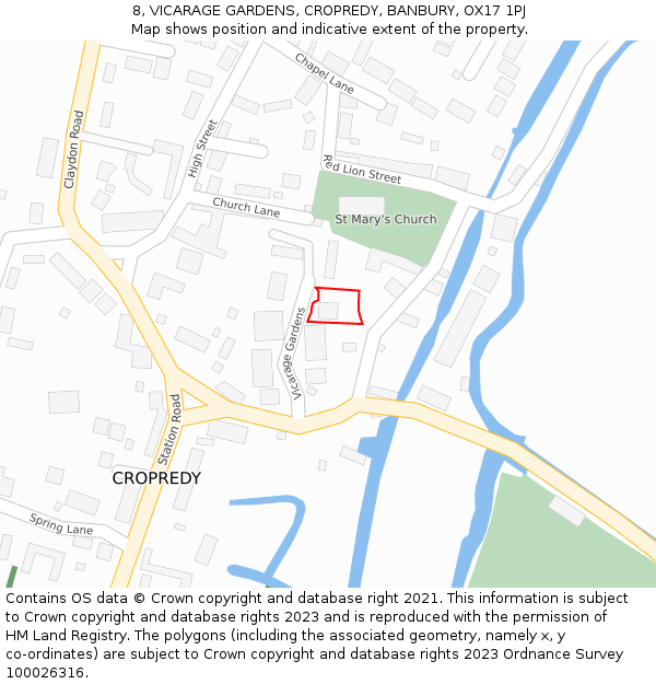 8, VICARAGE GARDENS, CROPREDY, BANBURY, OX17 1PJ: Location map and indicative extent of plot