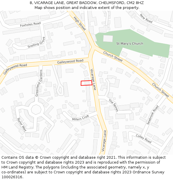 8, VICARAGE LANE, GREAT BADDOW, CHELMSFORD, CM2 8HZ: Location map and indicative extent of plot