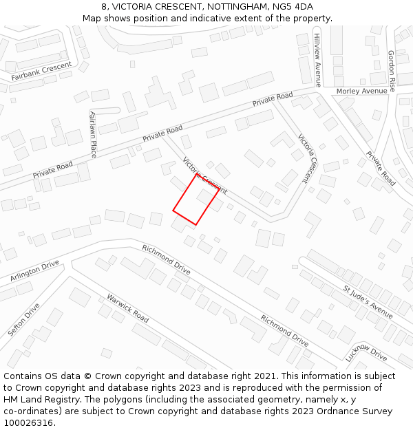 8, VICTORIA CRESCENT, NOTTINGHAM, NG5 4DA: Location map and indicative extent of plot