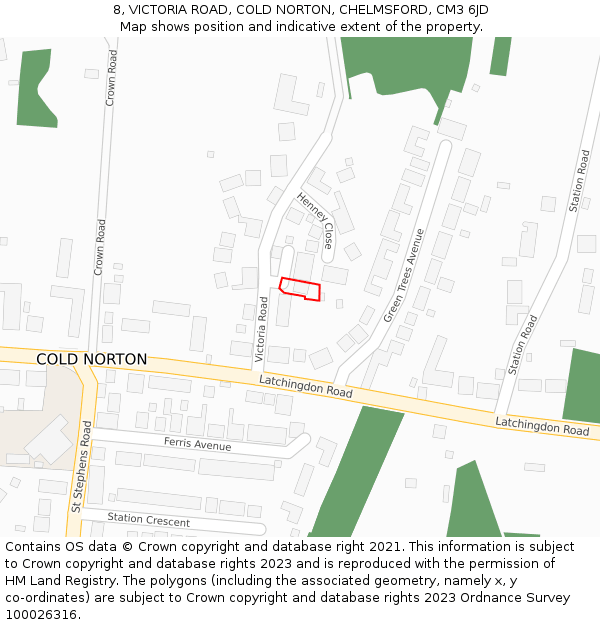 8, VICTORIA ROAD, COLD NORTON, CHELMSFORD, CM3 6JD: Location map and indicative extent of plot
