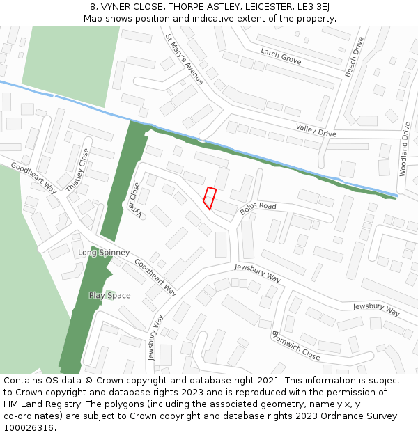 8, VYNER CLOSE, THORPE ASTLEY, LEICESTER, LE3 3EJ: Location map and indicative extent of plot