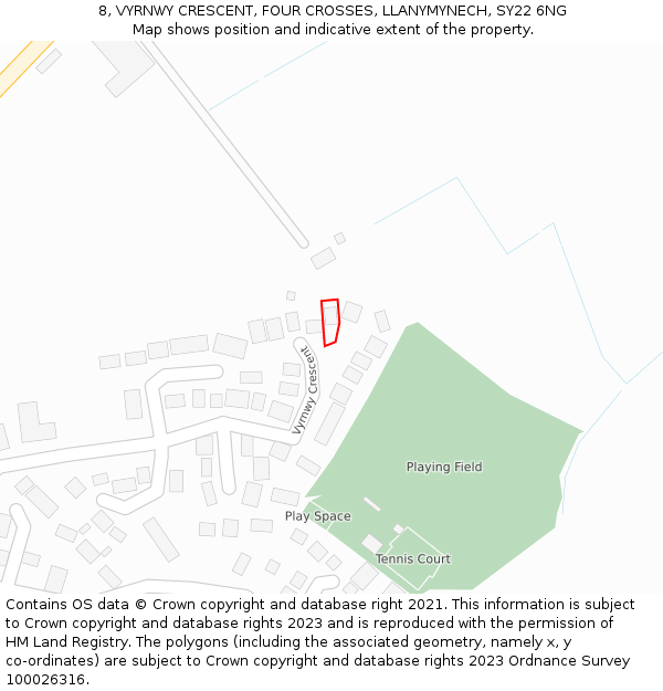 8, VYRNWY CRESCENT, FOUR CROSSES, LLANYMYNECH, SY22 6NG: Location map and indicative extent of plot