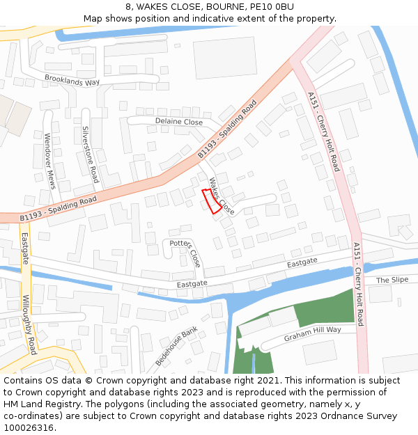 8, WAKES CLOSE, BOURNE, PE10 0BU: Location map and indicative extent of plot