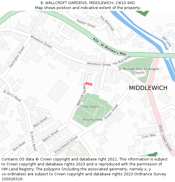 8, WALLCROFT GARDENS, MIDDLEWICH, CW10 9AD: Location map and indicative extent of plot