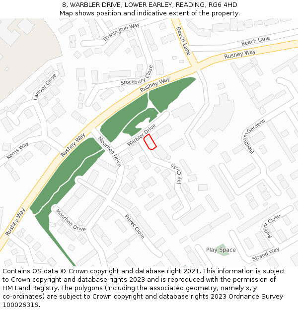 8, WARBLER DRIVE, LOWER EARLEY, READING, RG6 4HD: Location map and indicative extent of plot