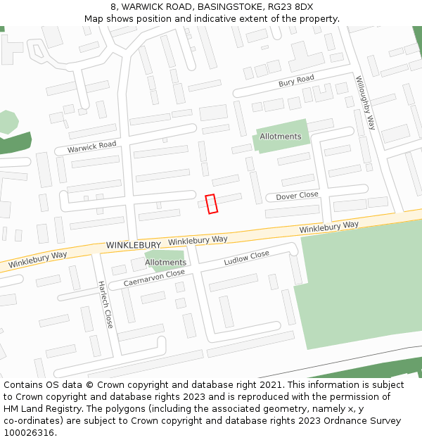 8, WARWICK ROAD, BASINGSTOKE, RG23 8DX: Location map and indicative extent of plot