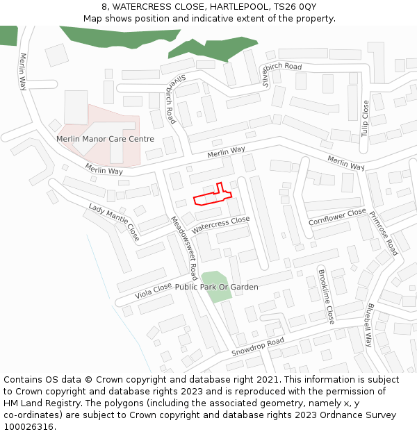 8, WATERCRESS CLOSE, HARTLEPOOL, TS26 0QY: Location map and indicative extent of plot