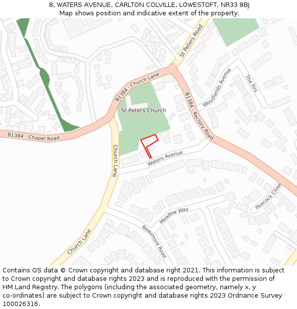 8, WATERS AVENUE, CARLTON COLVILLE, LOWESTOFT, NR33 8BJ: Location map and indicative extent of plot